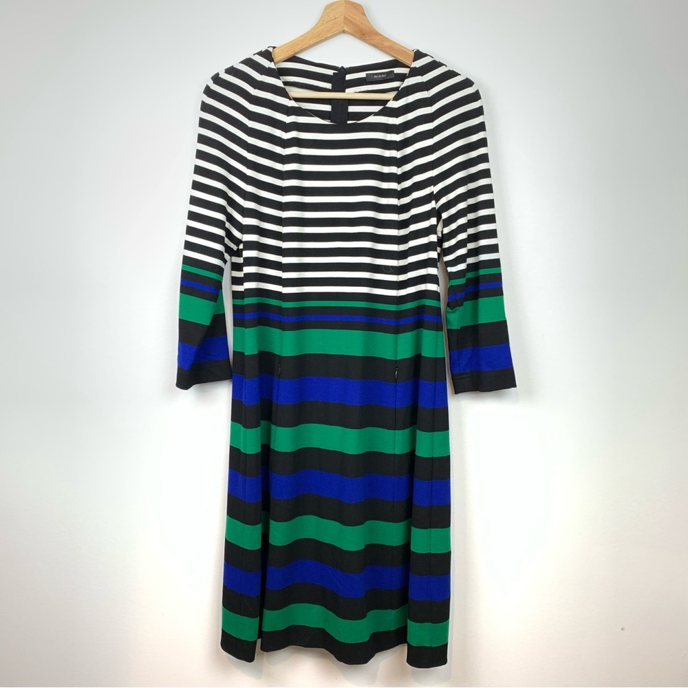 Riani Dress Striped Pockets Zip Green Blue Black Sz 10 Jersey Classic A-Line